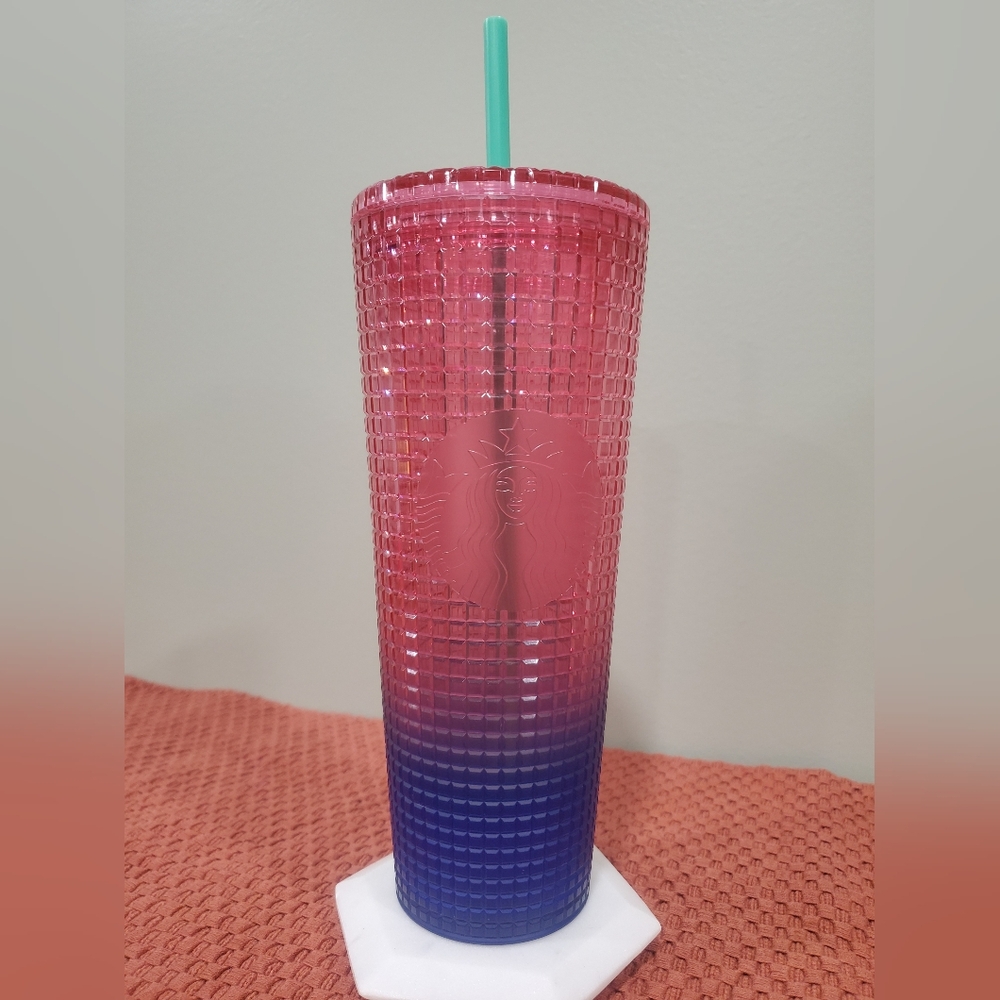 Starbucks 2022 Watermelon Pink Purple Ombre Grid 24oz Tumbler